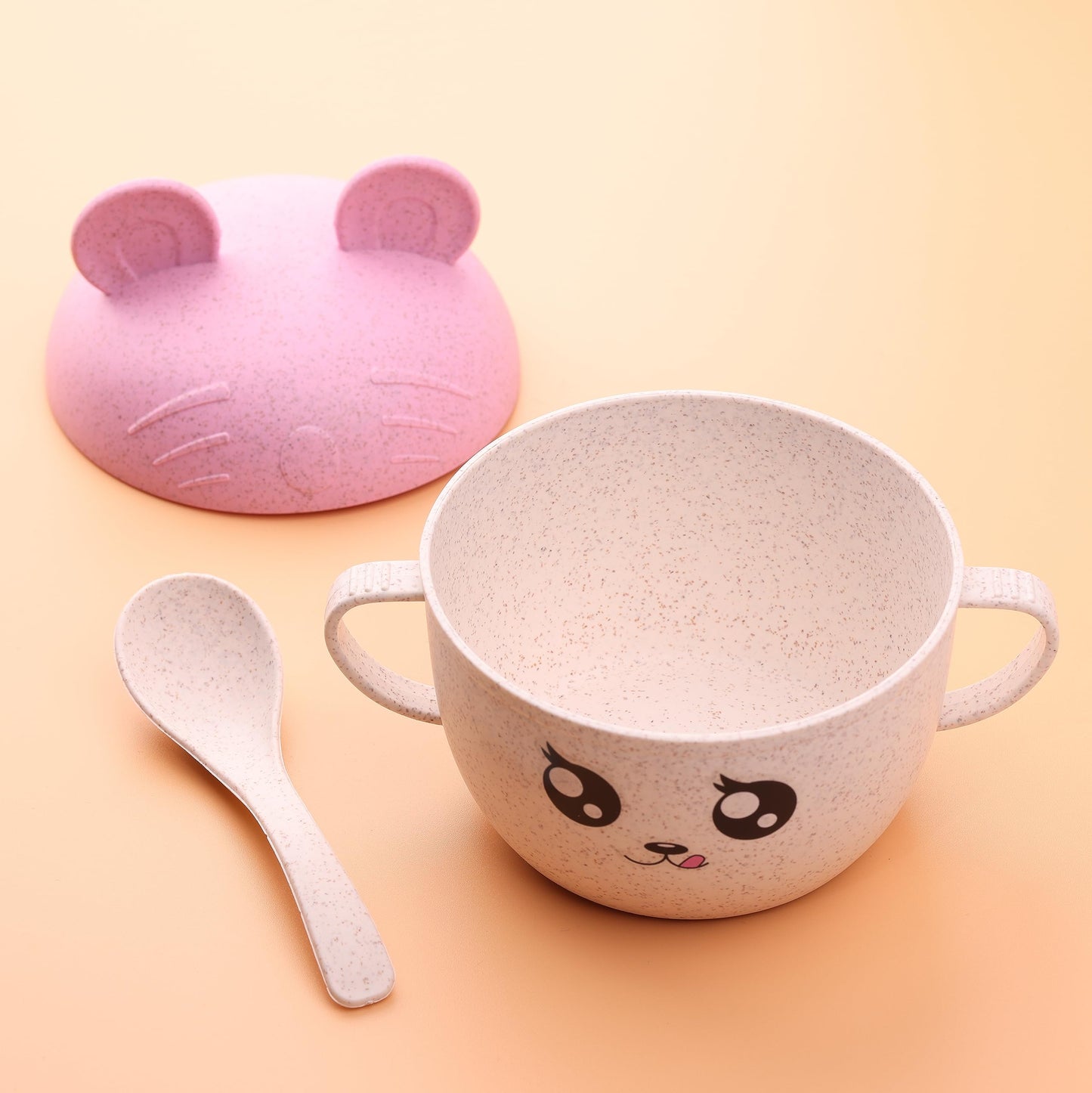 Wheat Straw Bowl with Lid and Spoon for Kids, Cute Design, 3 colors