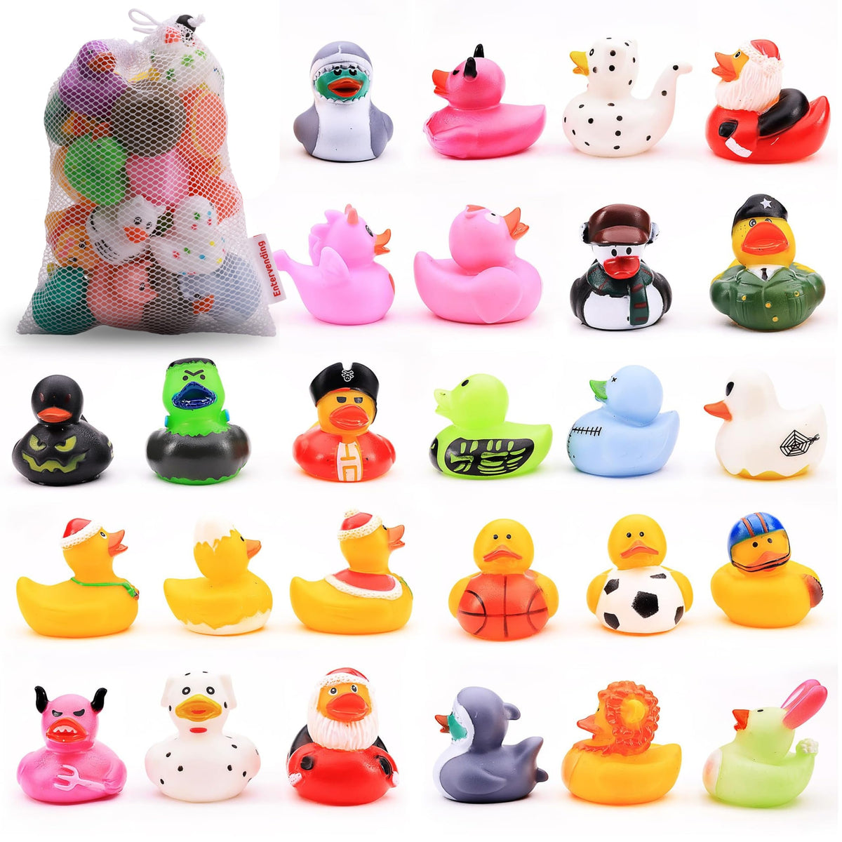 Rubber Duck Toy Assortment - 12 Pcs Ducky Playset Bath Toys in Mesh Bag - Jeep Ducks for Ducking - Rubber Duckies for Beach Pool - Goody Bag Stuffers Classroom Prizes