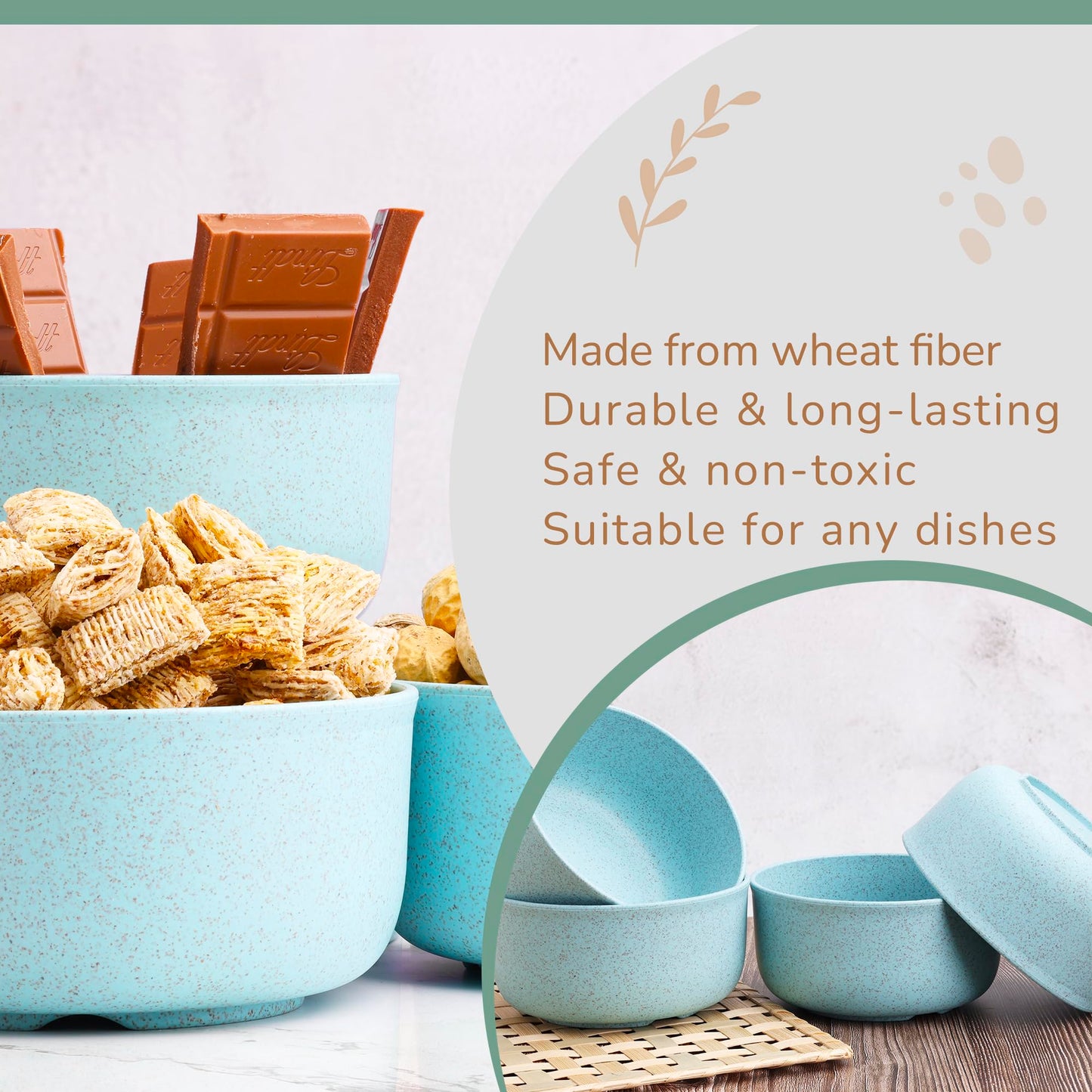 Wheat Straw Bowls Set of 4 Lightweight Reusable Plates - Microwave & Dishwasher Safe - Wheat Straw Dinnerware Sets - Cereal Bowl - Ramen Bowl Set