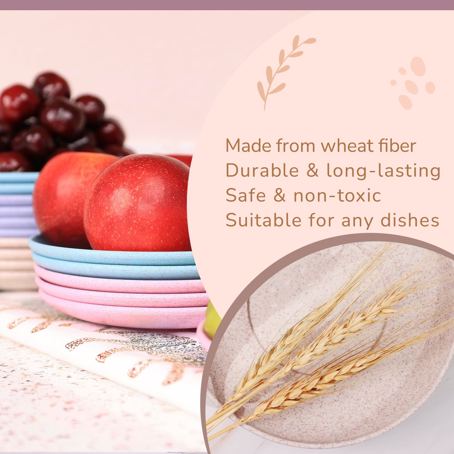 Wheat Straw Plates, Set of 4, Light Weight & Reusable, 4 Colors, Dishwasher & Microwave Safe