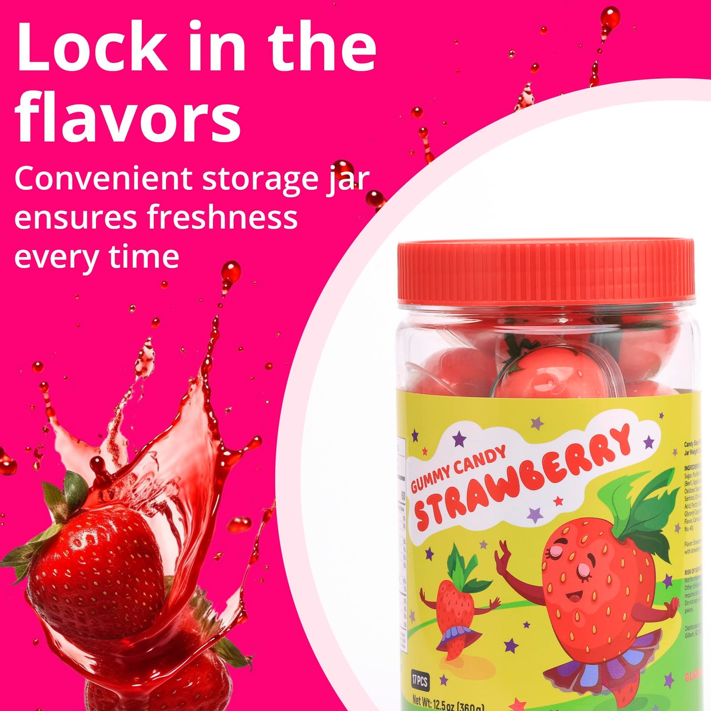 Gummy Candies filled with Jam, Assorted Fruit Flavors and Fun Designs - 17 pcs per Jar