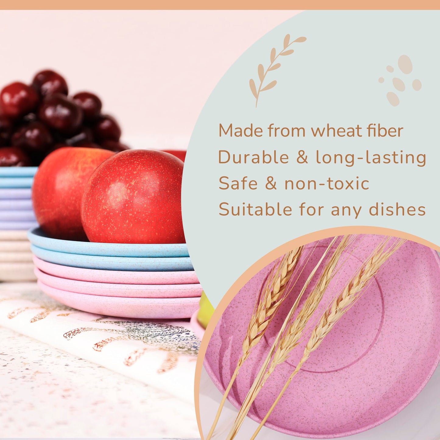 Wheat Straw Plates, Set of 4, Light Weight & Reusable, 4 Colors, Dishwasher & Microwave Safe