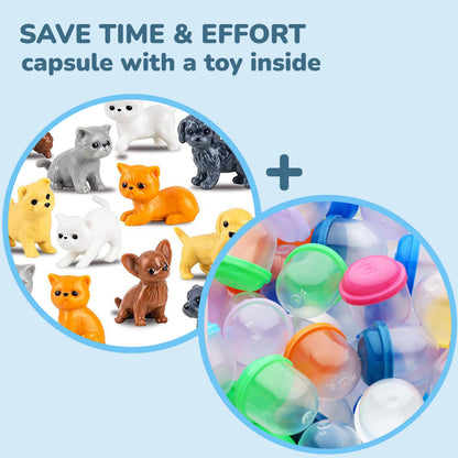 Pet Figurines Toys in Capsule - 50 Pcs - 1.1 Inch Plastic Capsules with Cute Dog and Cat Figurines for Kids - Bulk Toys for Easter Hunt Games - Vending Machines - Classroom Prizes