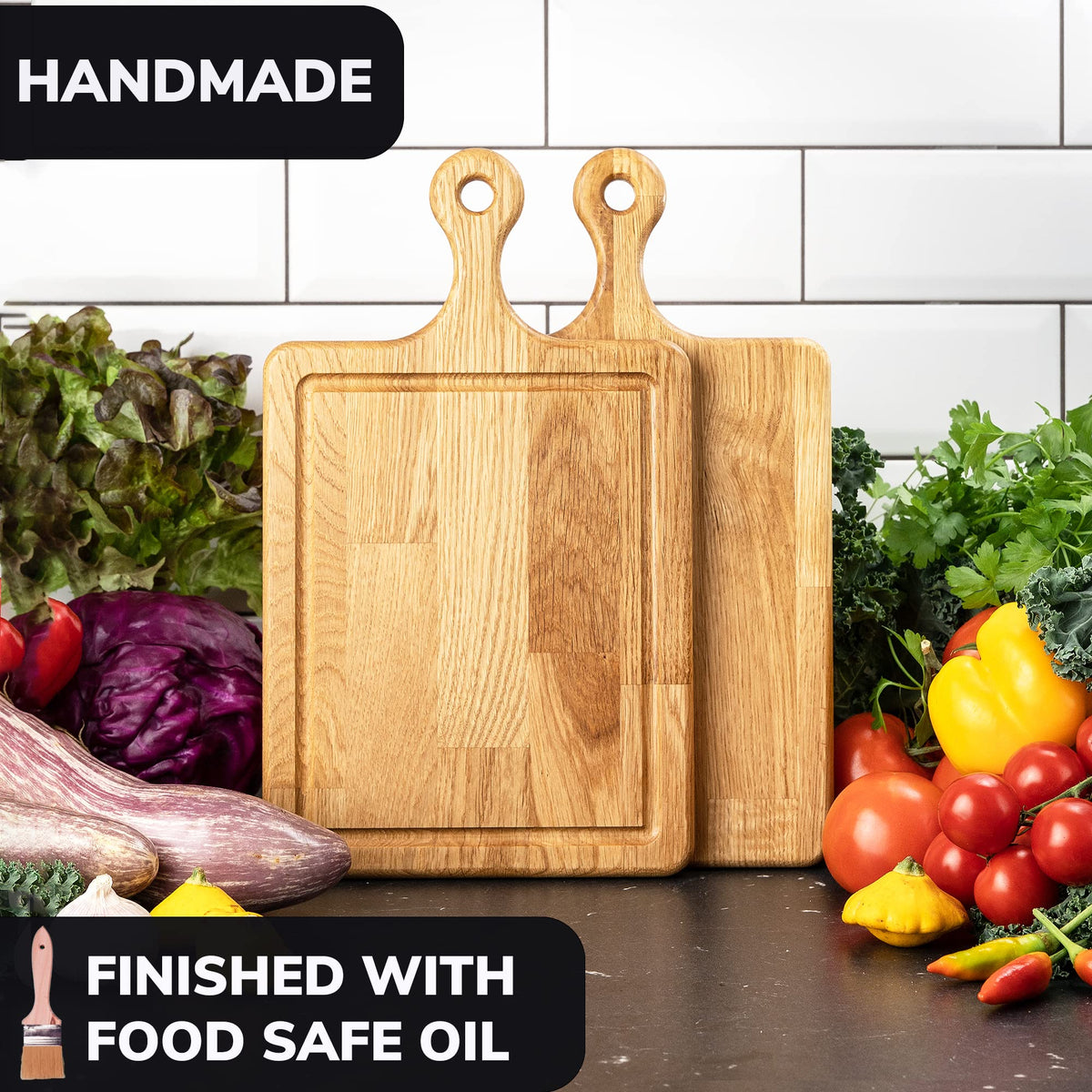 13.5x8 Inches Small Wood Cutting Board with Handle - Oak Cutting Board - 20 mm Thin Cutting Board - Real Wood Cutting Board