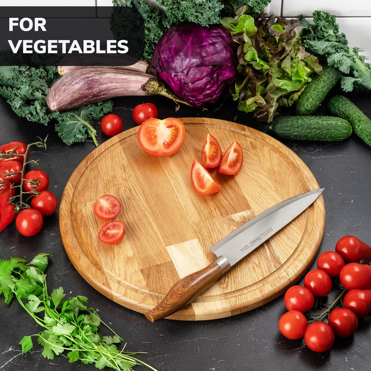 14 Inches Round Wood Cutting Board - Oak Cutting Board with Juice Groove - Pizza Cutting Board - Round Charcuterie Board - Wood Serving Board