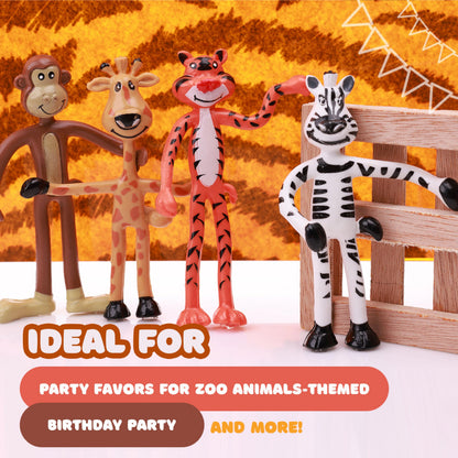 Bendable Zoo Animals 12 pcs 4 inch Wild Animal Toys in 4 Designs - Flexible Safari Animals Figures Party Favors Jungle Animals - Pinata Stuffers Rainforest Animals Figures Stress Educational Toys