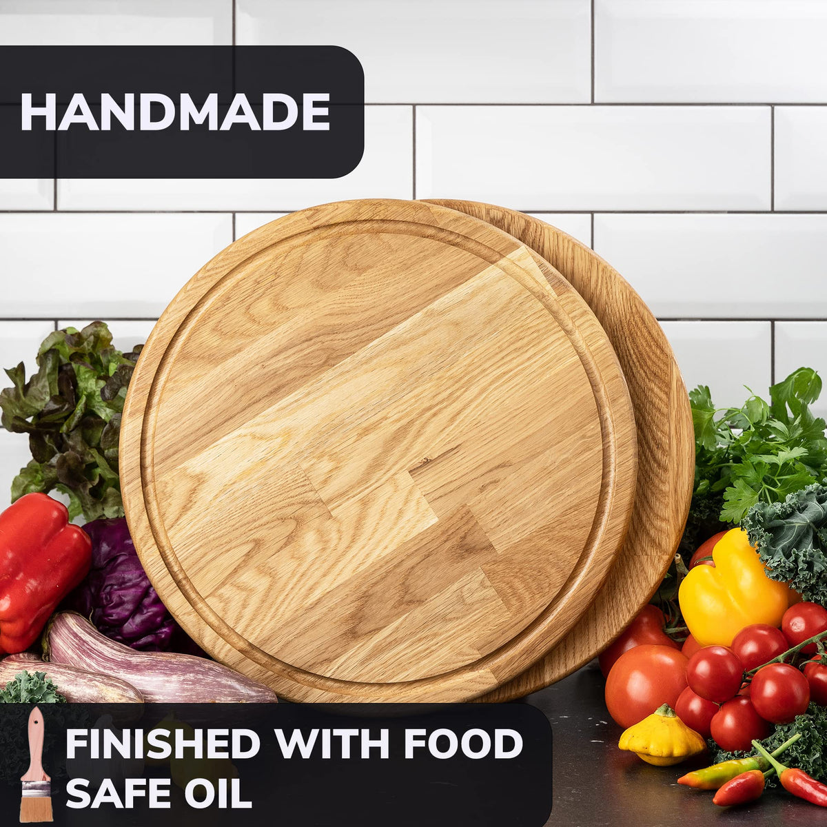14 Inches Round Wood Cutting Board - Oak Cutting Board with Juice Groove - Pizza Cutting Board - Round Charcuterie Board - Wood Serving Board