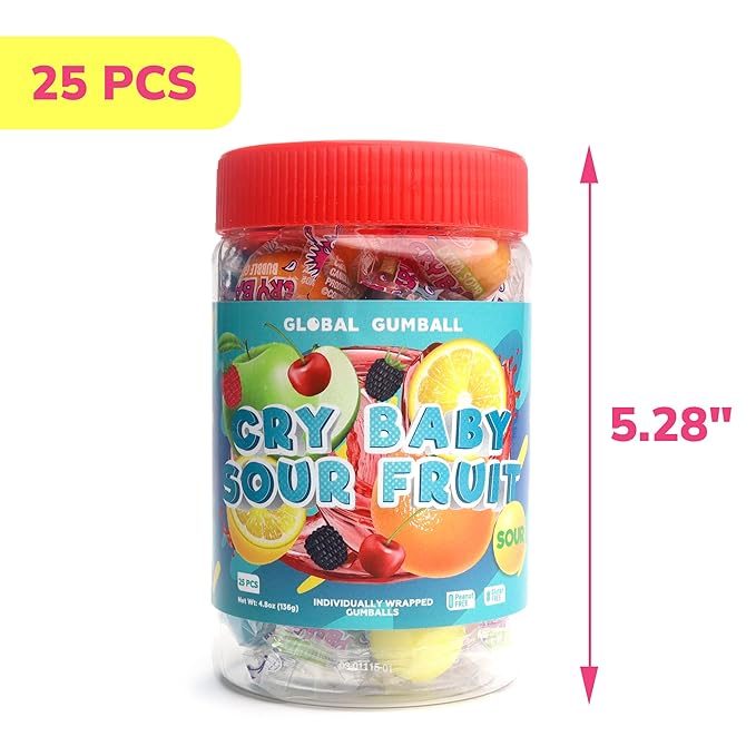 Sour Gumballs - Sour Fruit Gum - 25 Pcs Individually Wrapped Gumball - Chewing Bubble Gum - Colored Gum Balls in Jar