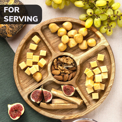 Portion Control Plate 10 inch - Compartment Plates with Dividers for Adults 5 Section Dish - Wooden Plate with Dividers for Adults