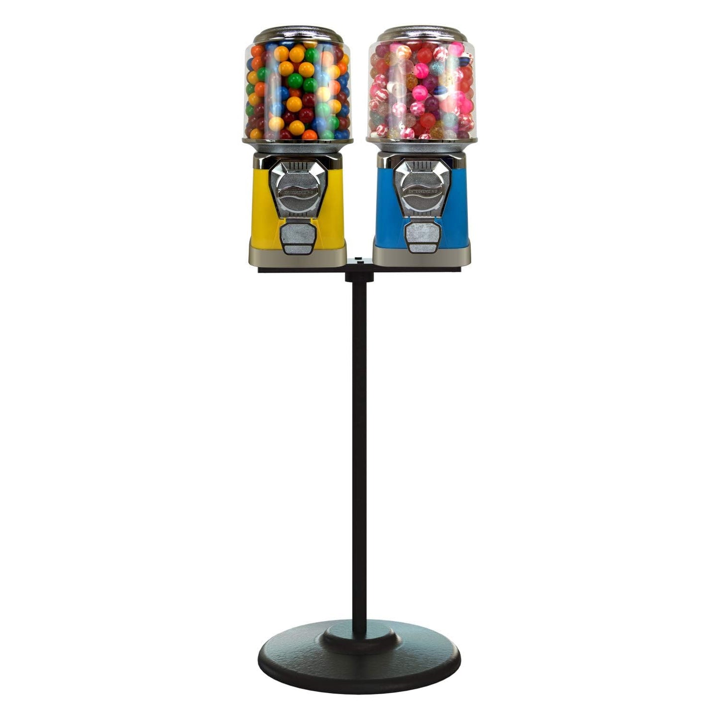 2 Vending Machines with Stand & Connecting Board Bundle - Bubble Gum Vending Machine and Black Metal Stand Bundle - Yelow&Blue