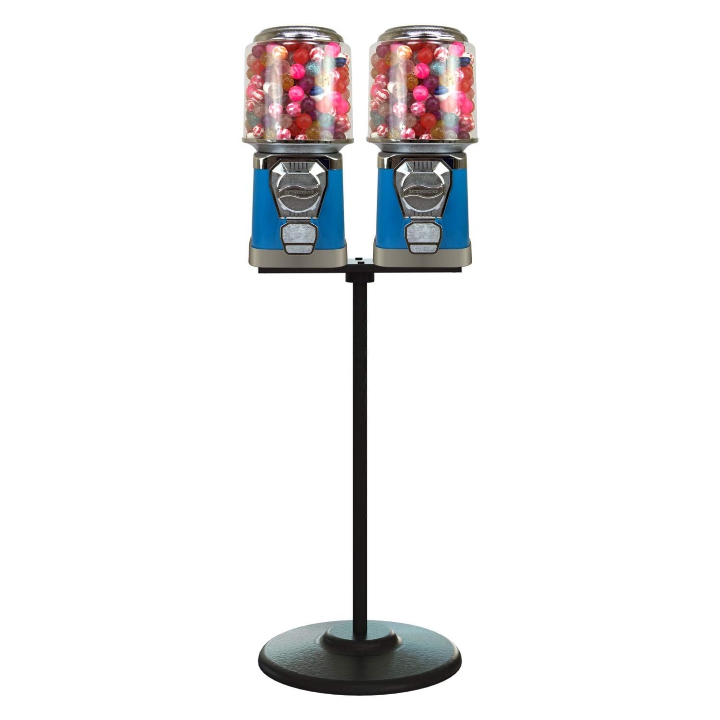 2 Vending Machines with Stand & Connecting Board Bundle - Bubble Gum Blue Vending Machine and Black Metal Stand Bundle - Coin Gumball Machine