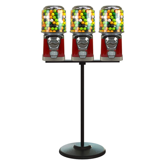 3 Vending Machines with Metal Stand & Connecting Board Bundle - Bubble Gum Red Vending Machine and Black Metal Stand Bundle - Coin Gumball Machine