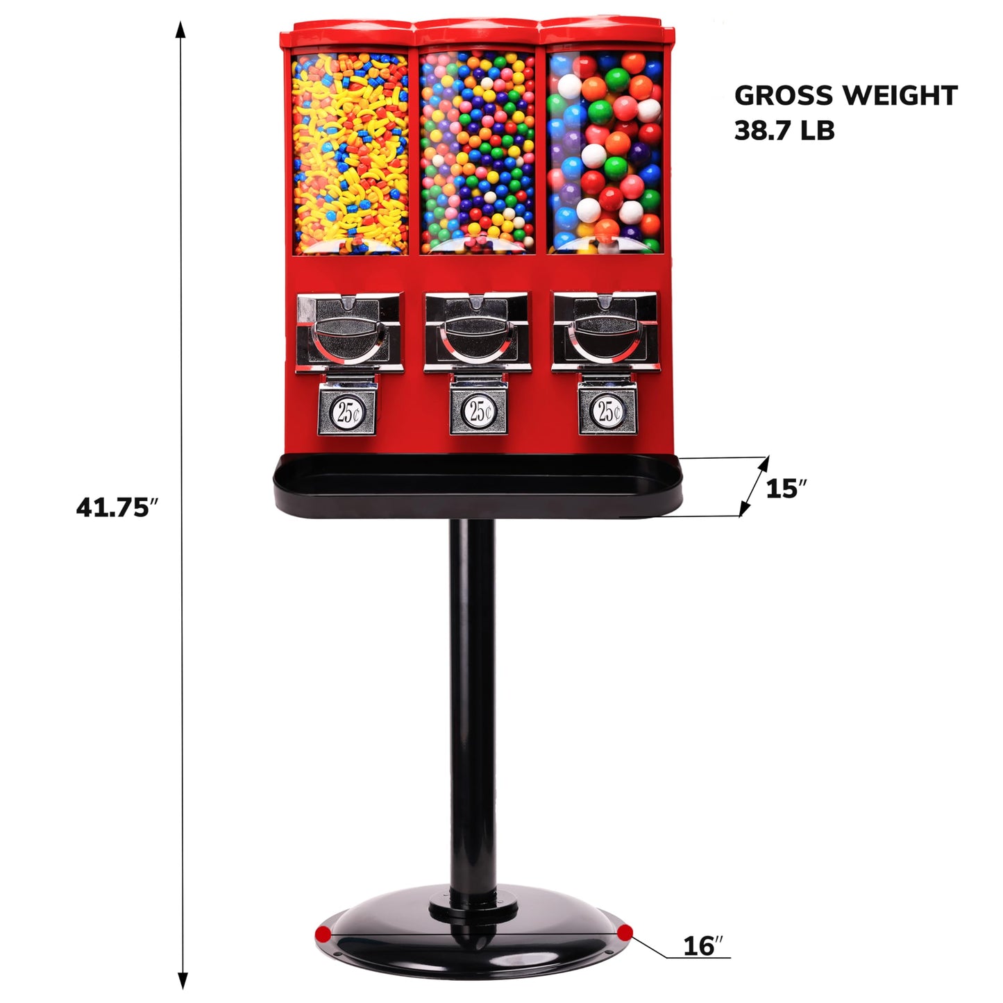 Commercial Gumball and Candy Machine with Stand - Triple Vending Machine with Removable Canisters - Coin Operated Candy DispenserRed