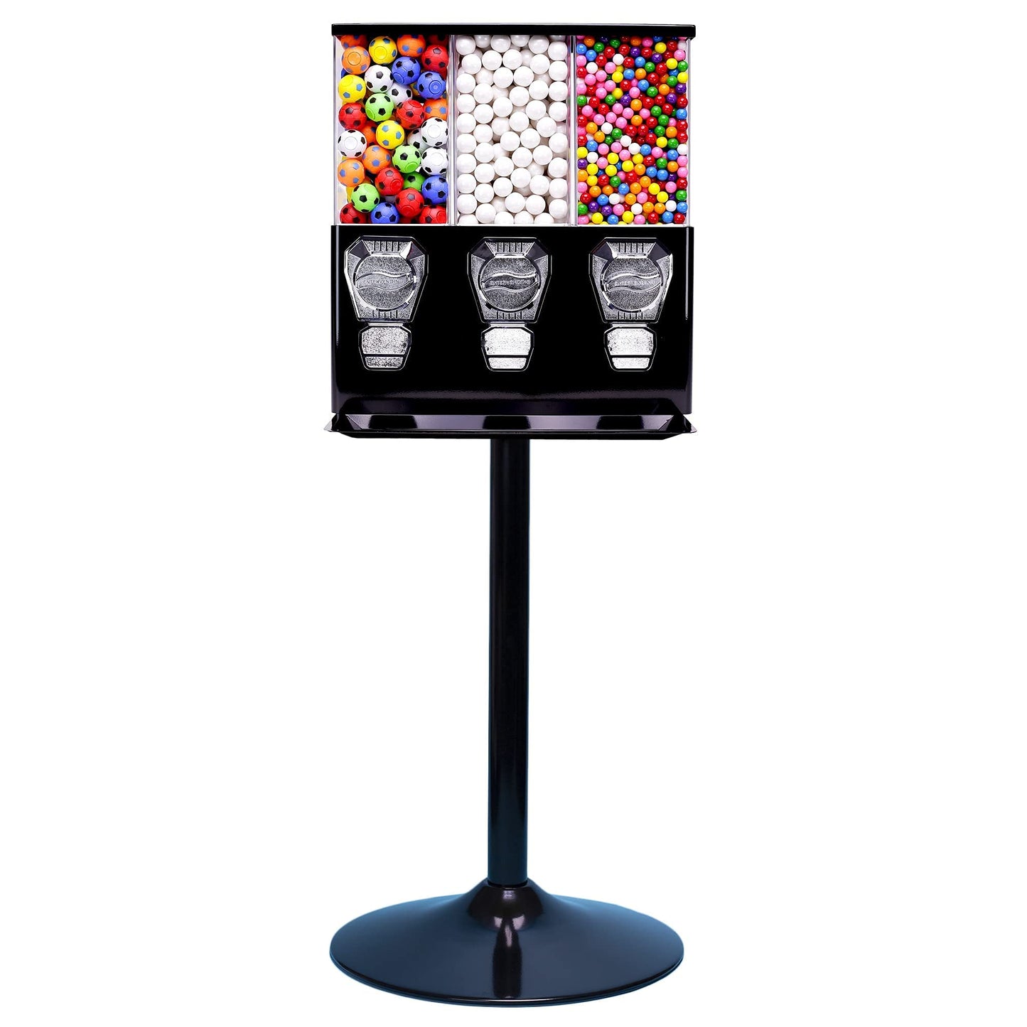 Vending Machine - Commercial Gumball and Candy Machine with Stand - Black Triple Vending Machine with Interchangeable Canisters - Coin Operated Candy Dispenser and Gumball Machine - Vending Dispenser