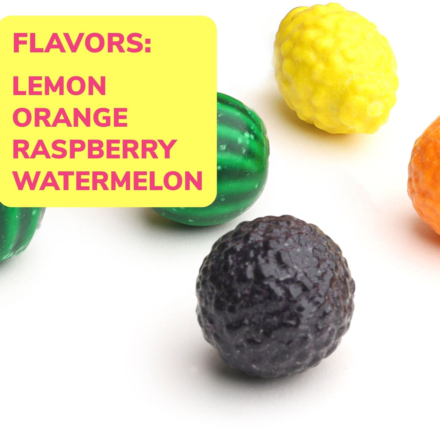 Fruit Shaped Chewing Bubble Gum - Watermelon, Lemon, Orange, and Raspberry Flavors - 1.75LB