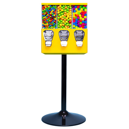 Vending Machine - Commercial Gumball and Candy Machine with Stand - Yellow Triple Vending Machine with Interchangeable Canisters - Coin Operated Candy Dispenser and Gumball Machine - Vending Dispenser