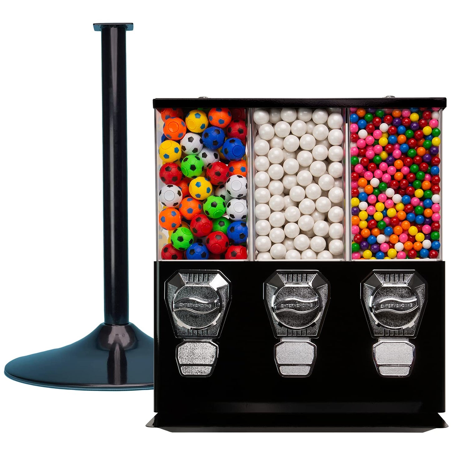 Vending Machine - Commercial Gumball and Candy Machine with Stand - Black Triple Vending Machine with Interchangeable Canisters - Coin Operated Candy Dispenser and Gumball Machine - Vending Dispenser