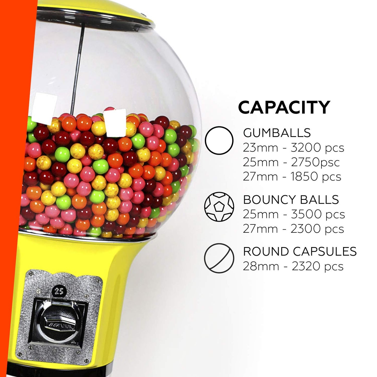 Gumball Machine Orange Height 48" Coin $0.25 Bubblegum Vending Machine - Spiral Gum Machine with Dispenser for Gumballs - Bouncy Balls - Toy Capsules