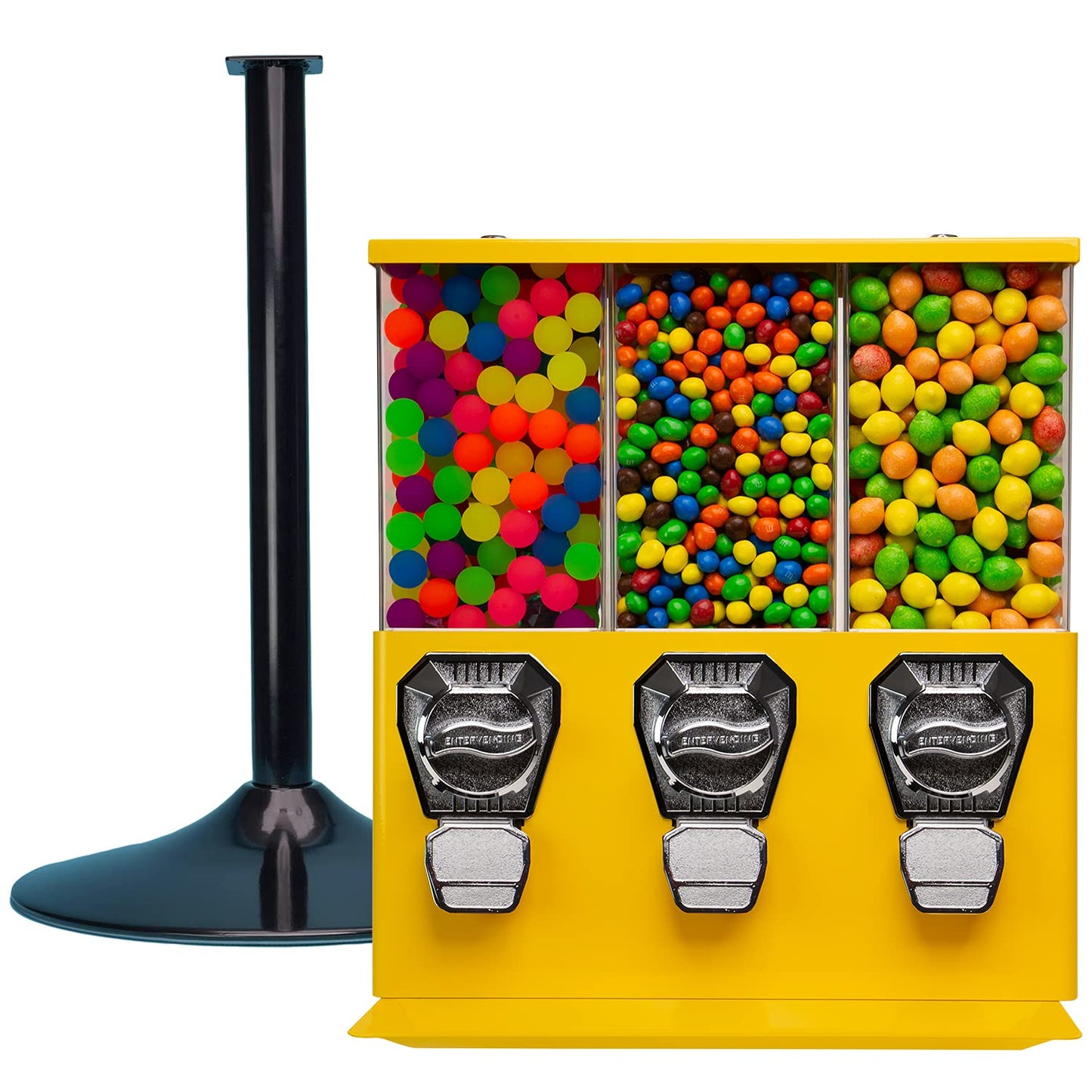 Vending Machine - Commercial Gumball and Candy Machine with Stand - Yellow Triple Vending Machine with Interchangeable Canisters - Coin Operated Candy Dispenser and Gumball Machine - Vending Dispenser