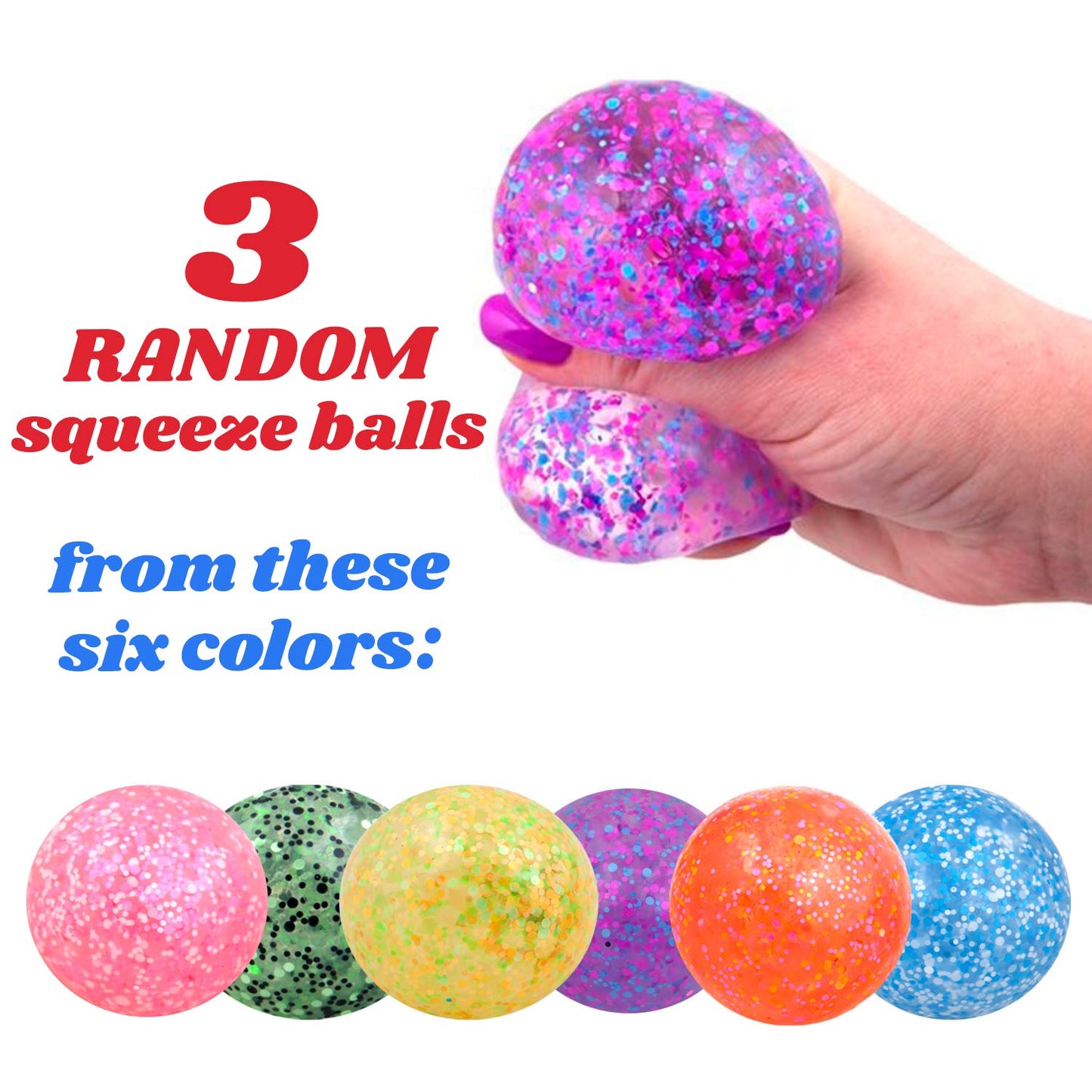 Squishy Ball Set of 3 - Random Colors Confetti Squeeze Balls - 2.75 Inch Gel Stress Balls for Kids - Stress Relief Toys - Anti Stress Ball Pack