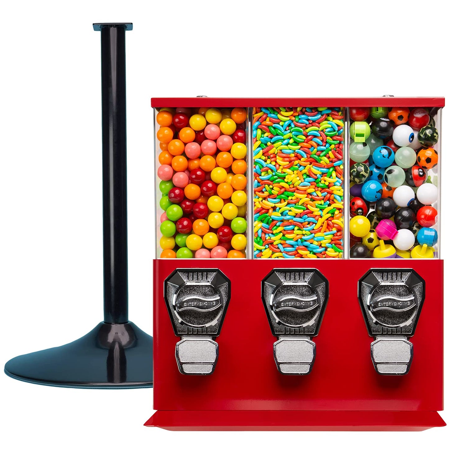 Vending Machine - Commercial Gumball and Candy Machine with Stand - Red Triple Vending Machine with Interchangeable Canisters - Coin Operated Candy Dispenser and Gumball Machine - Vending Dispenser