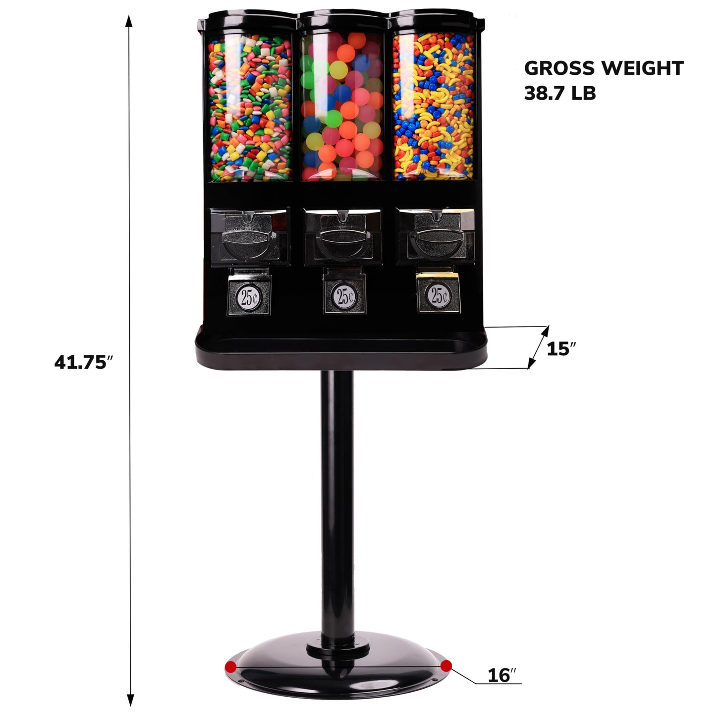 Vending Machine - Commercial Gumball and Candy Machine with Stand - Triple Vending Machine with Removable Canisters - Coin Operated Candy Dispenser and Gumball Machine - Vending Dispenser - Black