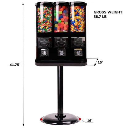 Vending Machine - Commercial Gumball and Candy Machine with Stand and Refill in Bundle - Black Triple Vending Machine with Removable Canisters - Coin Operated Candy Dispenser and Gumball Machine