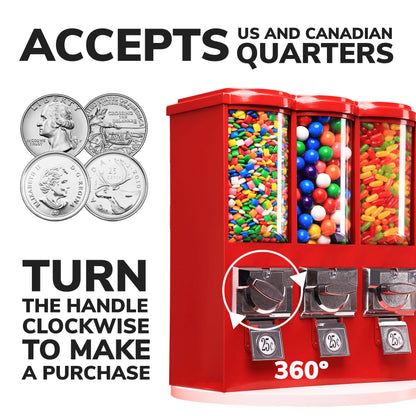 Vending Machine - Commercial Gumball and Candy Machine with Stand and Refill in Bundle - Red Triple Vending Machine with Removable Canisters - Coin Operated Candy Dispenser and Gumball Machine