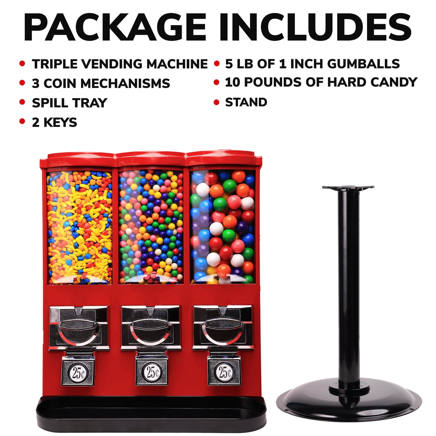 Vending Machine - Commercial Gumball and Candy Machine with Stand and Refill in Bundle - Red Triple Vending Machine with Removable Canisters - Coin Operated Candy Dispenser and Gumball Machine