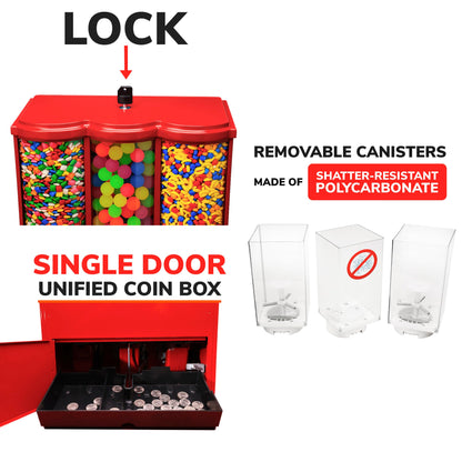 Vending Machine - Commercial Gumball and Candy Machine with Stand and Refill in Bundle - Red Triple Vending Machine with Removable Canisters - Coin Operated Candy Dispenser and Gumball Machine