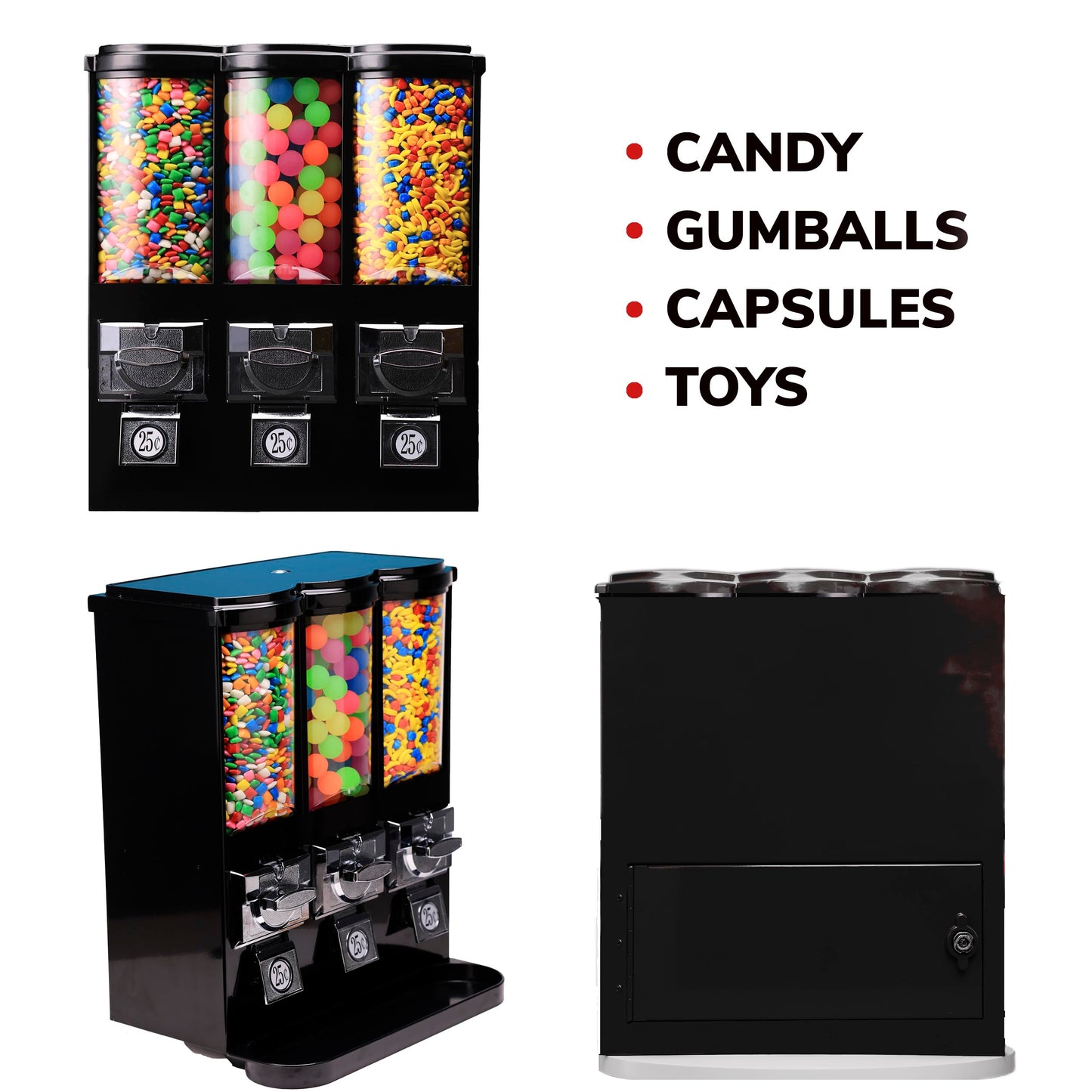 Vending Machine - Commercial Gumball and Candy Machine with Stand - Triple Vending Machine with Removable Canisters - Coin Operated Candy Dispenser and Gumball Machine - Vending Dispenser - Black