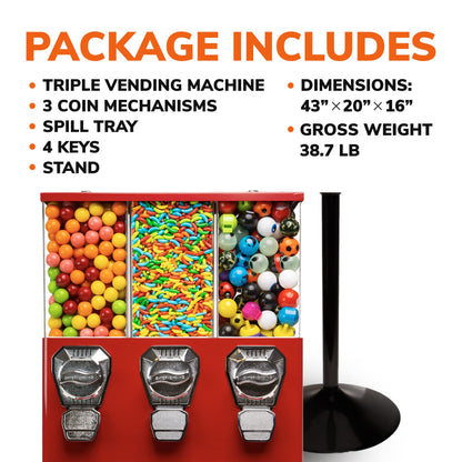 Vending Machine - Commercial Gumball and Candy Machine with Stand - Red Triple Vending Machine with Interchangeable Canisters - Coin Operated Candy Dispenser and Gumball Machine - Vending Dispenser