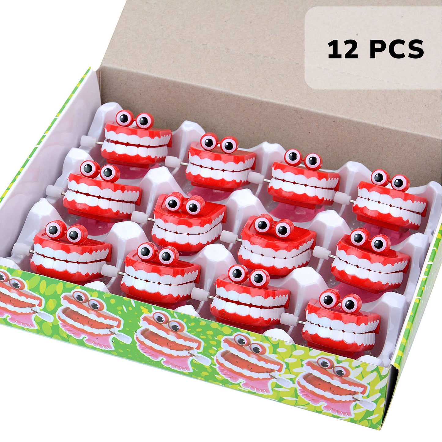 Chattering Teeth With Eyes - 1.75 Inch Windup Toys Bulk 12 Pcs - Playset for Party Favors - Pinata Stuffers - Goodie Bag Supplies