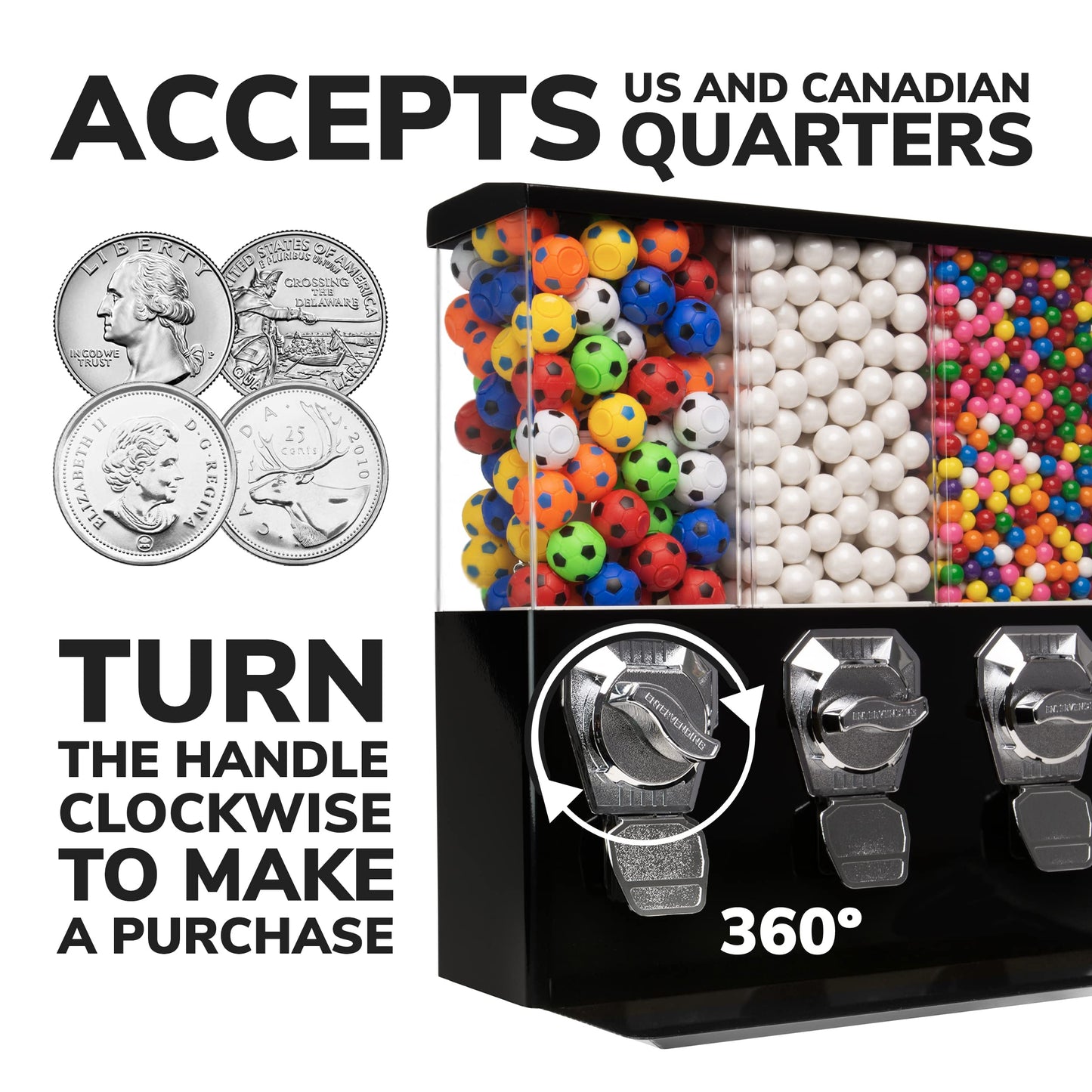 Vending Machine - Commercial Gumball and Candy Machine with Stand - Black Triple Vending Machine with Interchangeable Canisters - Coin Operated Candy Dispenser and Gumball Machine - Vending Dispenser