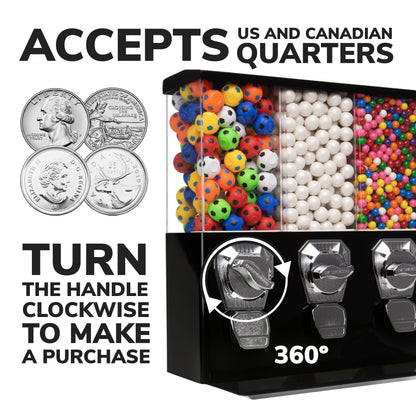 Vending Machine - Commercial Gumball and Candy Machine with Stand - Black Triple Vending Machine with Interchangeable Canisters - Coin Operated Candy Dispenser and Gumball Machine - Vending Dispenser