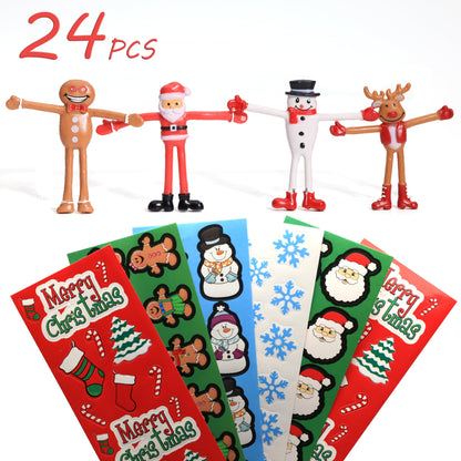 Set for Kids, 24 PCS Christmas Fidget Toys Bendable Figurines with Christmas Stickers for Crafts, Christmas Stocking Stuffers, Classroom Prizes