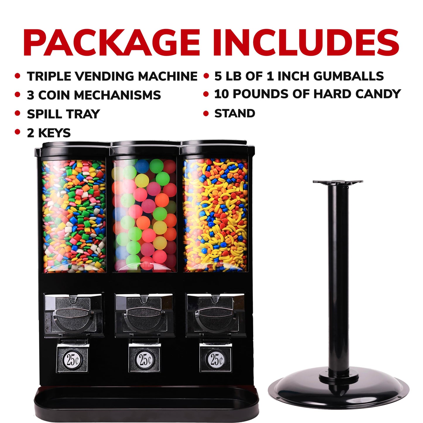 Vending Machine - Commercial Gumball and Candy Machine with Stand and Refill in Bundle - Black Triple Vending Machine with Removable Canisters - Coin Operated Candy Dispenser and Gumball Machine