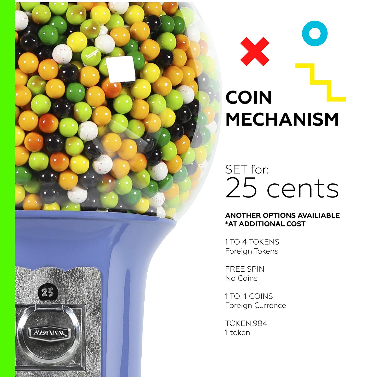 Gumball Machine Green Height 48" Coin $0.25 Bubblegum Vending Machine - Spiral Gum Machine with Dispenser for Gumballs - Bouncy Balls - Toy Capsules