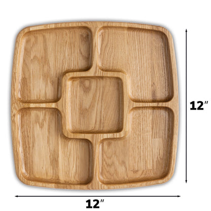 Square Portion Control Plate 12 Inch - Compartment Plates with Dividers for Adults 5 Section Dish - Wooden Plate with Dividers for Adults