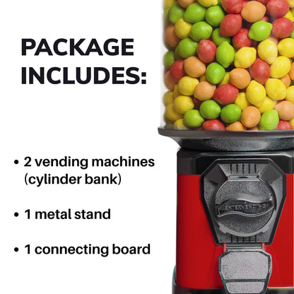 2 Vending Machines with Stand & Connecting Board Bundle - Bubble Gum Red Vending Machine and Black Metal Stand Bundle - Coin Gumball Machine