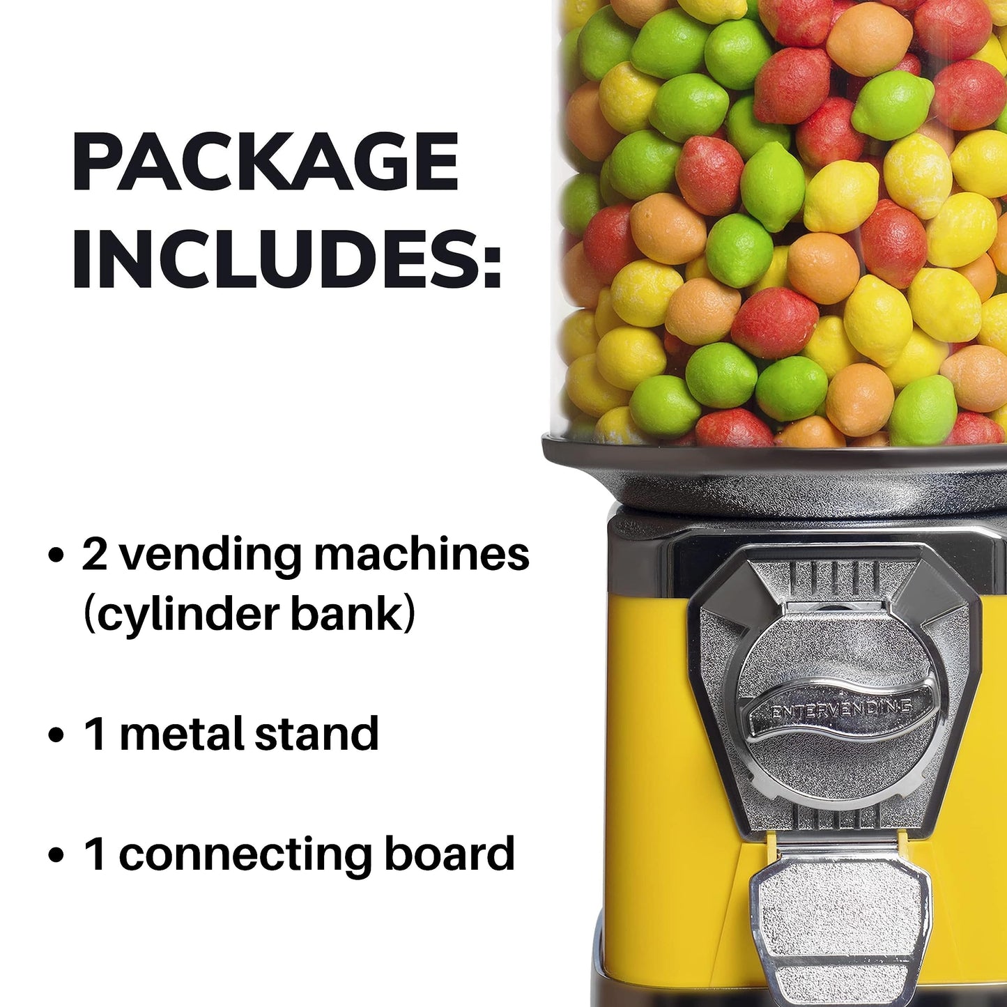 2 Vending Machines with Stand & Connecting Board Bundle - Bubble Gum Yellow Vending Machine and Black Metal Stand Bundle - Coin Gumball Machine