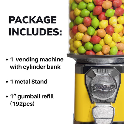 Gumball Vending Machine with Metal Stand & 3.4LB of Gumballs Refill Bag - Bubble Gum Yellow Vending Machine for Kids, Stand & Gum Bundle