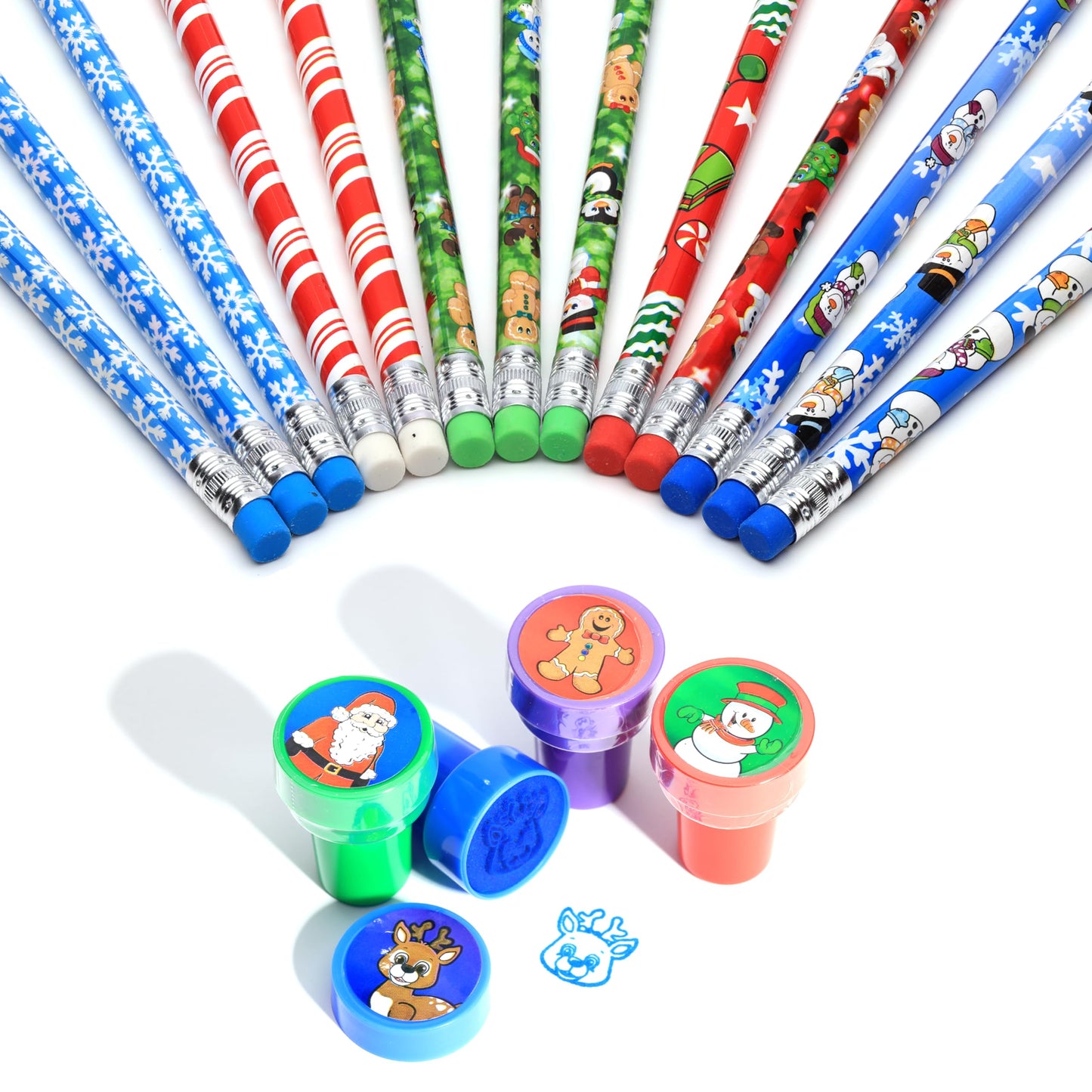 32 PCS Christmas Stocking Stuffers, Stamps and Holiday Pencils Set for Christmas Classroom Prizes, Goody small Christmas toys for goodie bags