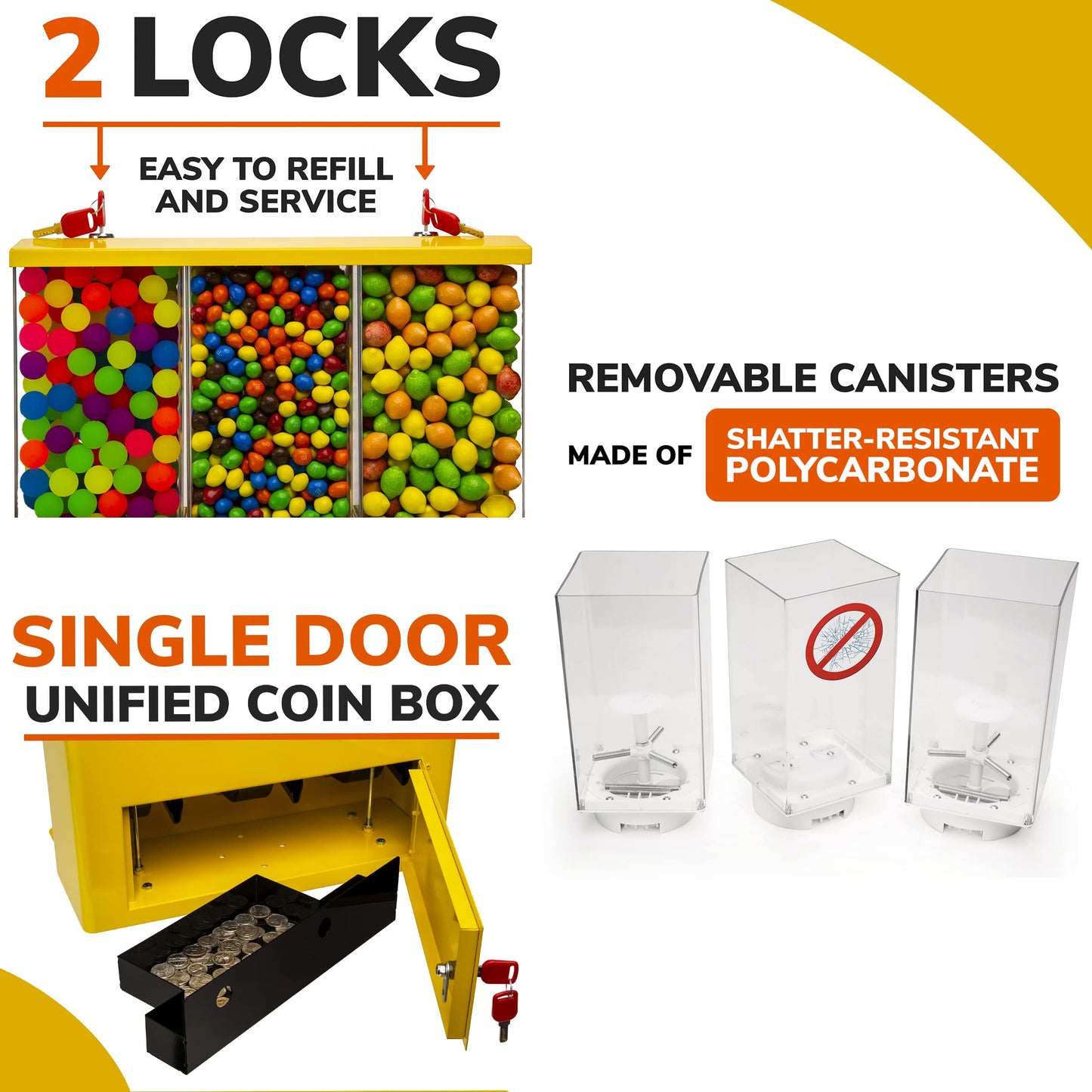 Vending Machine - Commercial Gumball and Candy Machine with Stand - Yellow Triple Vending Machine with Interchangeable Canisters - Coin Operated Candy Dispenser and Gumball Machine - Vending Dispenser