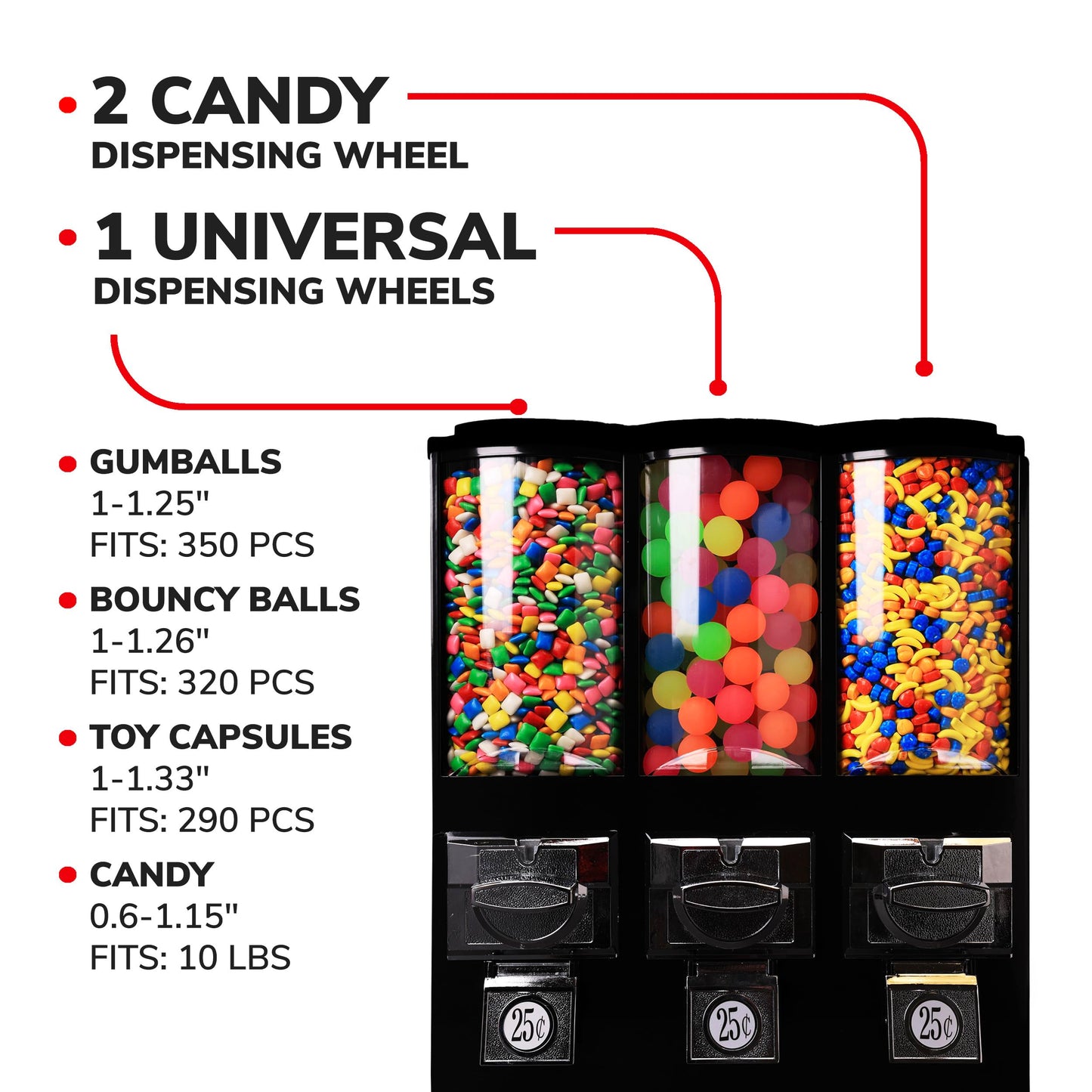 Vending Machine - Commercial Gumball and Candy Machine with Stand - Triple Vending Machine with Removable Canisters - Coin Operated Candy Dispenser and Gumball Machine - Vending Dispenser - Black