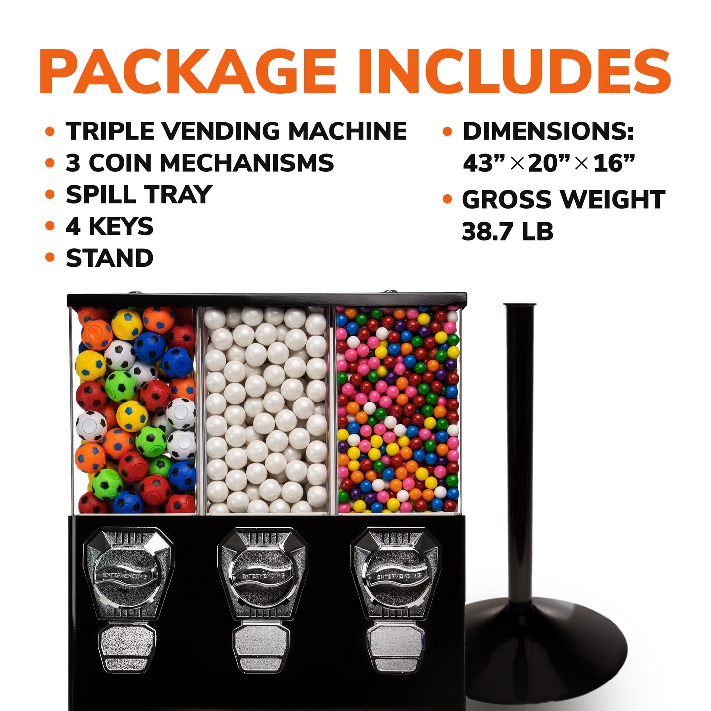 Vending Machine - Commercial Gumball and Candy Machine with Stand - Black Triple Vending Machine with Interchangeable Canisters - Coin Operated Candy Dispenser and Gumball Machine - Vending Dispenser