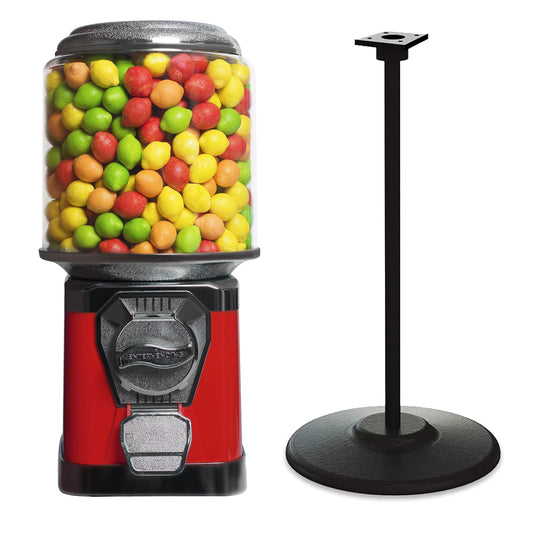 Vending Machine with Metal Stand & Cylinder Globe - Bubble Gum Red Vending Machine and Black Metal Stand Bundle - Coin Gumball Machine