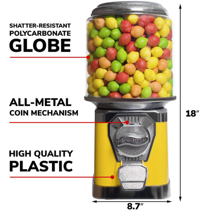 Vending Machine with Metal Stand & Cylinder Globe - Bubble Gum Yellow Vending Machine and Black Metal Stand Bundle - Coin Gumball Machine