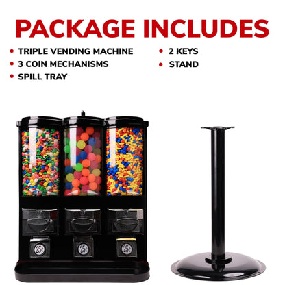 Vending Machine - Commercial Gumball and Candy Machine with Stand - Triple Vending Machine with Removable Canisters - Coin Operated Candy Dispenser and Gumball Machine - Vending Dispenser - Black