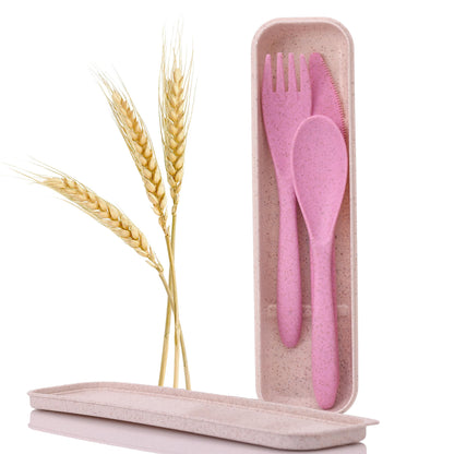 Wheat Straw Travel Utensils Set with Case - Kids Cutlery Set - BPA Free Portable Silverware for Lunch Box - Fork Spoon Knife Set with Case